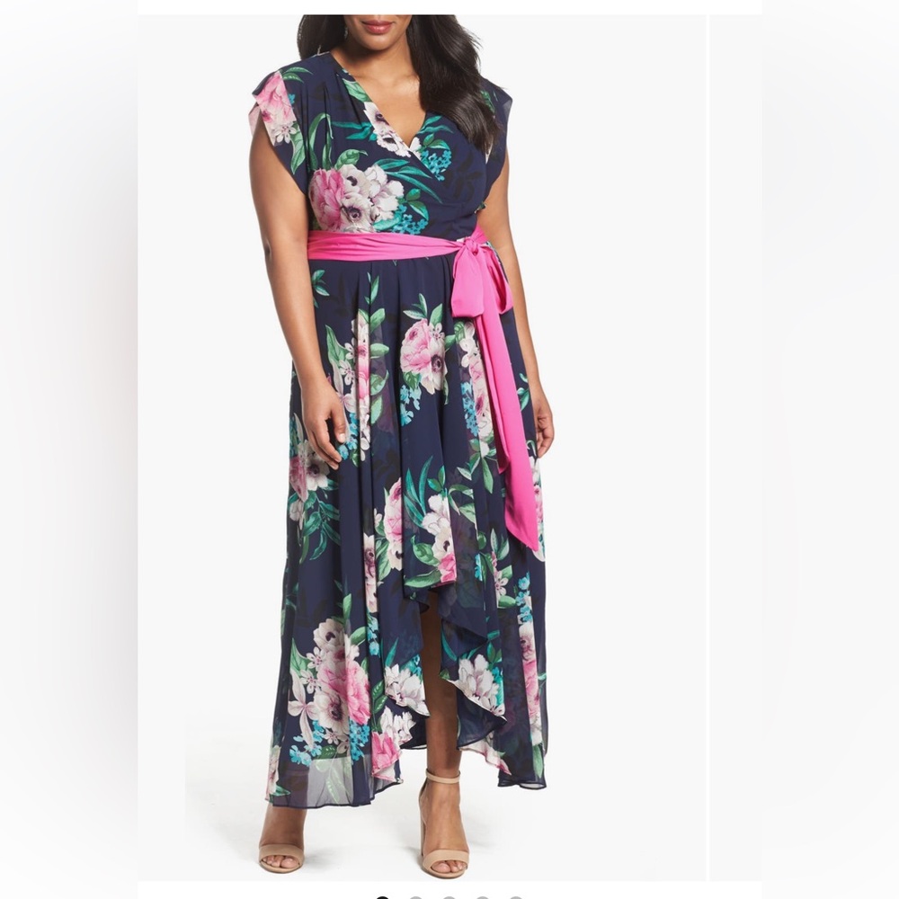 Eliza J dash tie floral maxi dress in navy and pink/green/purple floral pattern.